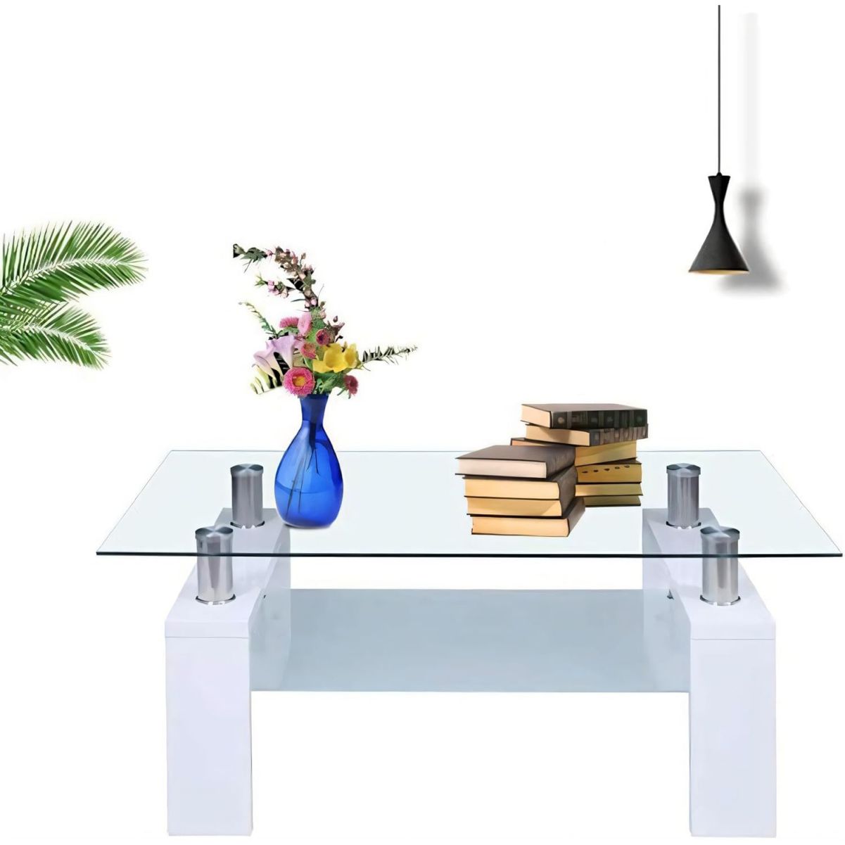 Rectangle Modern Coffee Table, 2 Tier Tempered Glass End Table, Living Room Table with Lower Shelf, Tea Table for Waiting Room, Reception Room, Office, White