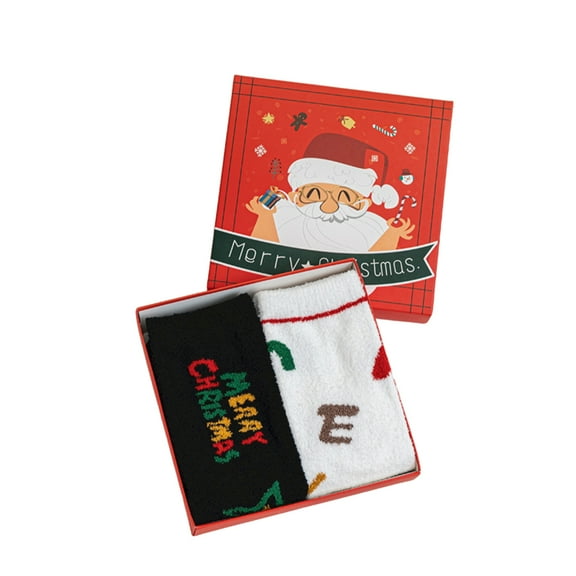 1 Box Of 2 Pairs Of Christmas Stockings,christmas socks for kids,toddler christmas socks,Christmas Fuzzy Socks for Kids Plush Cartoon Non Slip Slipper Winter Warm Fleece Socks with Gift Box