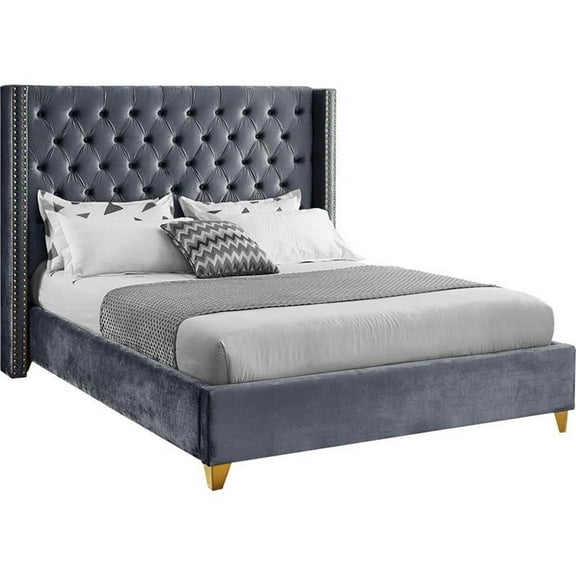 Maklaine Contemporary Upholstery Gray Velvet King Bed