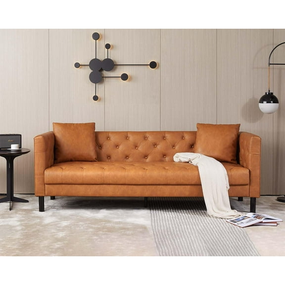 81'' Modern Sofa Couches for Living Room, 3 Seater Sofa with Deep Seats and 2 Pillows, Button Tufted Leather Couch for Apartment | Office