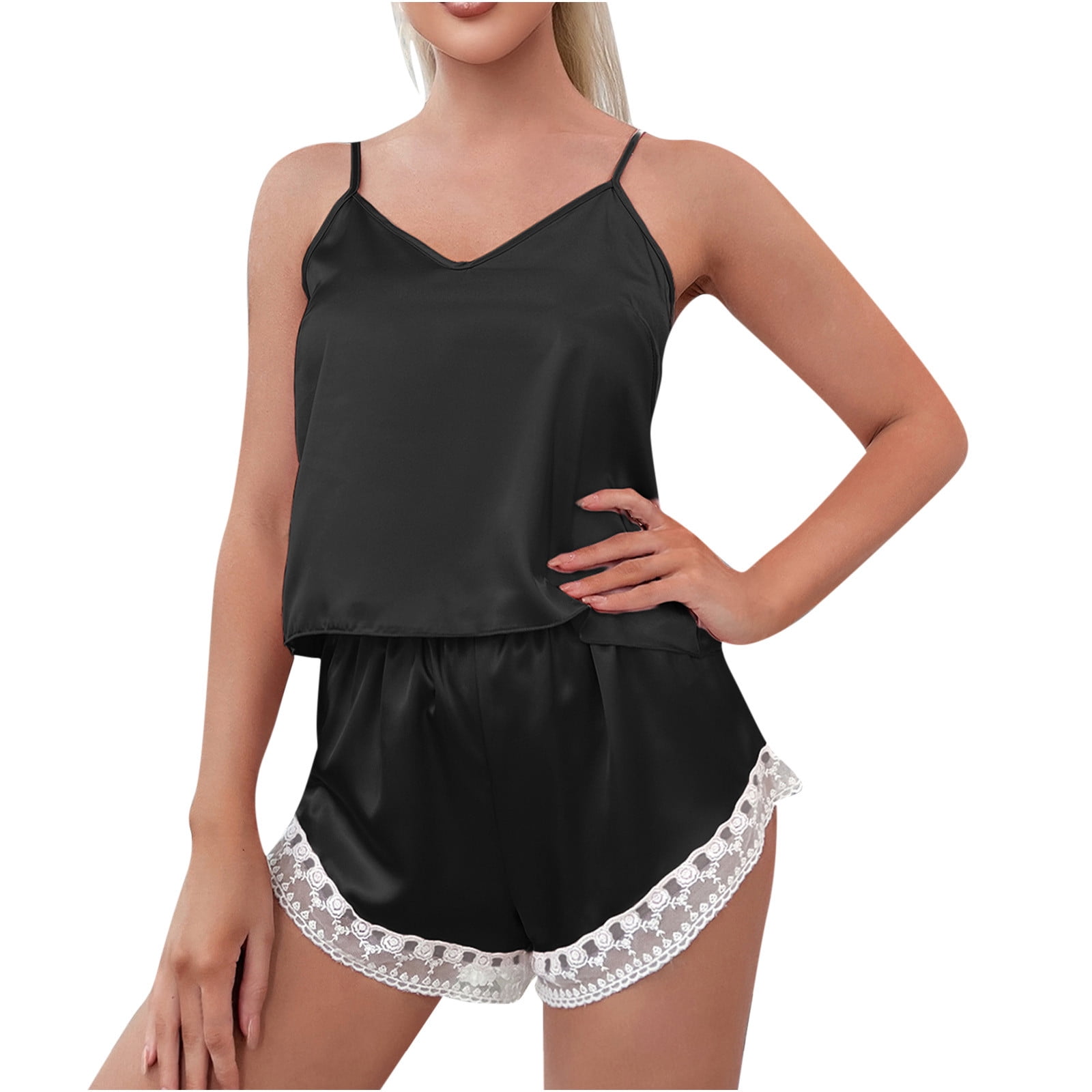 WHLBF Women's Summer Sleepwear Home Clothes Shorts Suspender Vest Shorts  Lace Lace Pajama Suit Black XL(XL)