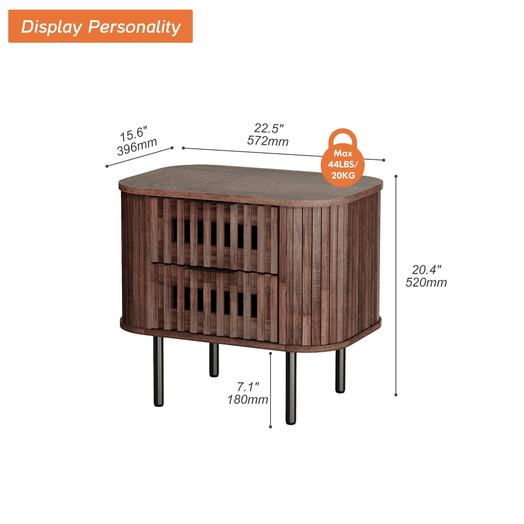 Wampat Modern Fluted Nightstand, Wooden End Table with 2 Drawers, 20.4H" Bedside table for Living Room, Bedroom, Walnut