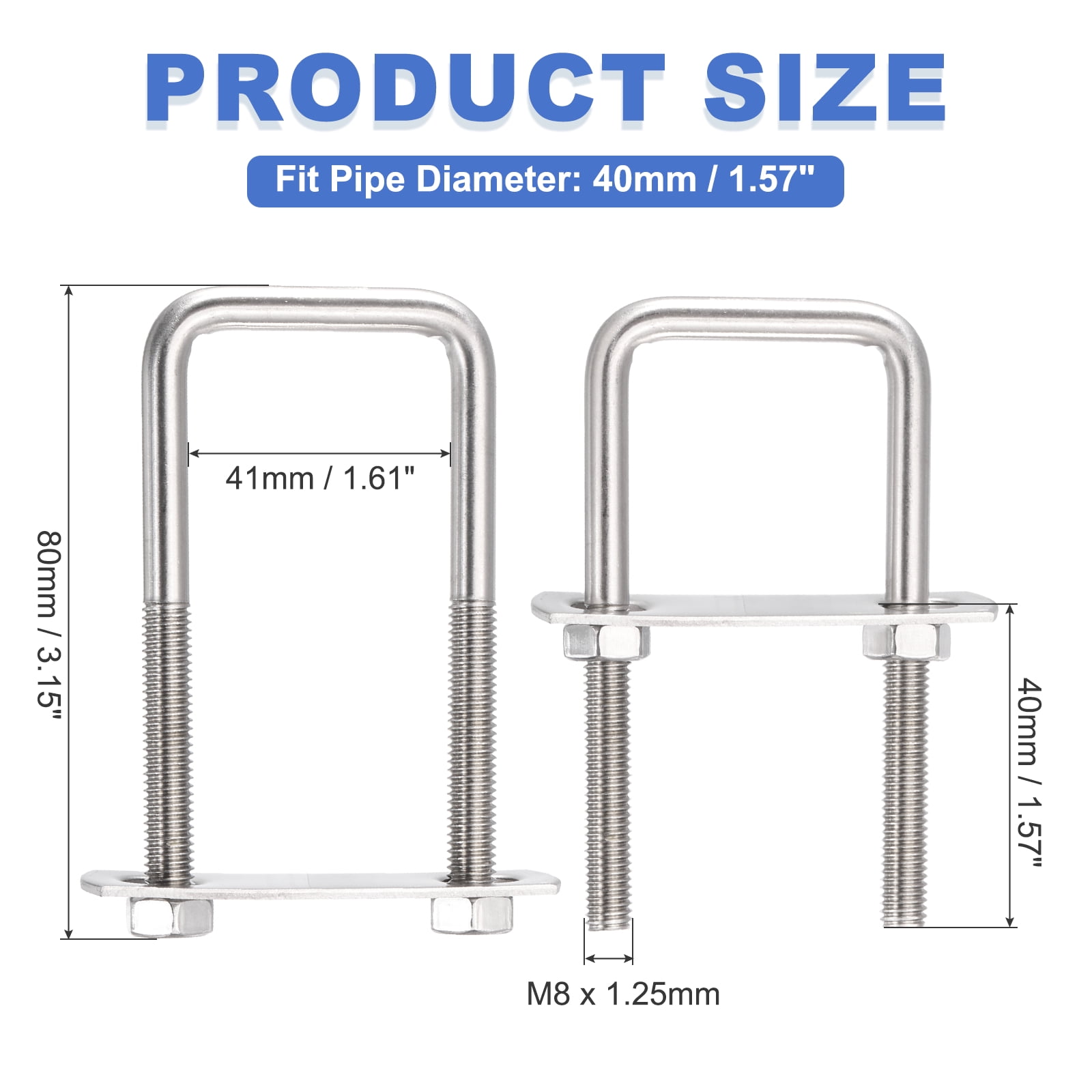 Uxcell 6 Sets M8 Square U-Bolts, 1.61" Inner Width 3.15" Length 304 Stainless Steel U Clamp Bolts with Nuts, Plates and Wrench