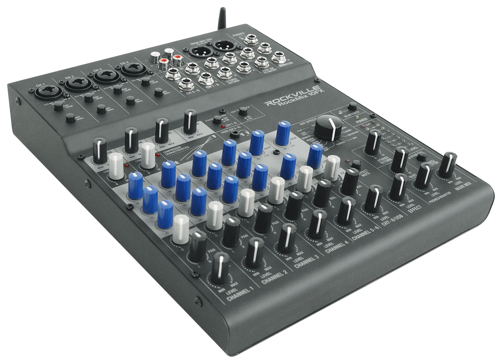 Rockville ROCKMIX 10FX 10-Channel Mixer, USB Recording Interface, Digital Effects, 3-Band EQ, Phantom Power, Bluetooth 5.0, for Home Studio, Podcast, and Live Performance