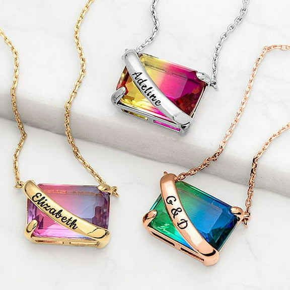 Personalized Planet Personalized Planet Iridescent Crystal Emerald Cut Necklace, East-West ,Women's