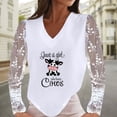thumbnail image 3 of Mujeres Casual Vaca Impreso Cuello en V Encaje Empalme Manga larga Jersey Blusa Camiseta Tops Fridja  hkj4255, 3 of 8