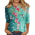 thumbnail image 3 of Women Tshirts Gentle Floral Hummingbird Print 3/4 Sleeve Crewneck Top Outdoor Style Womens Tees, 3 of 5