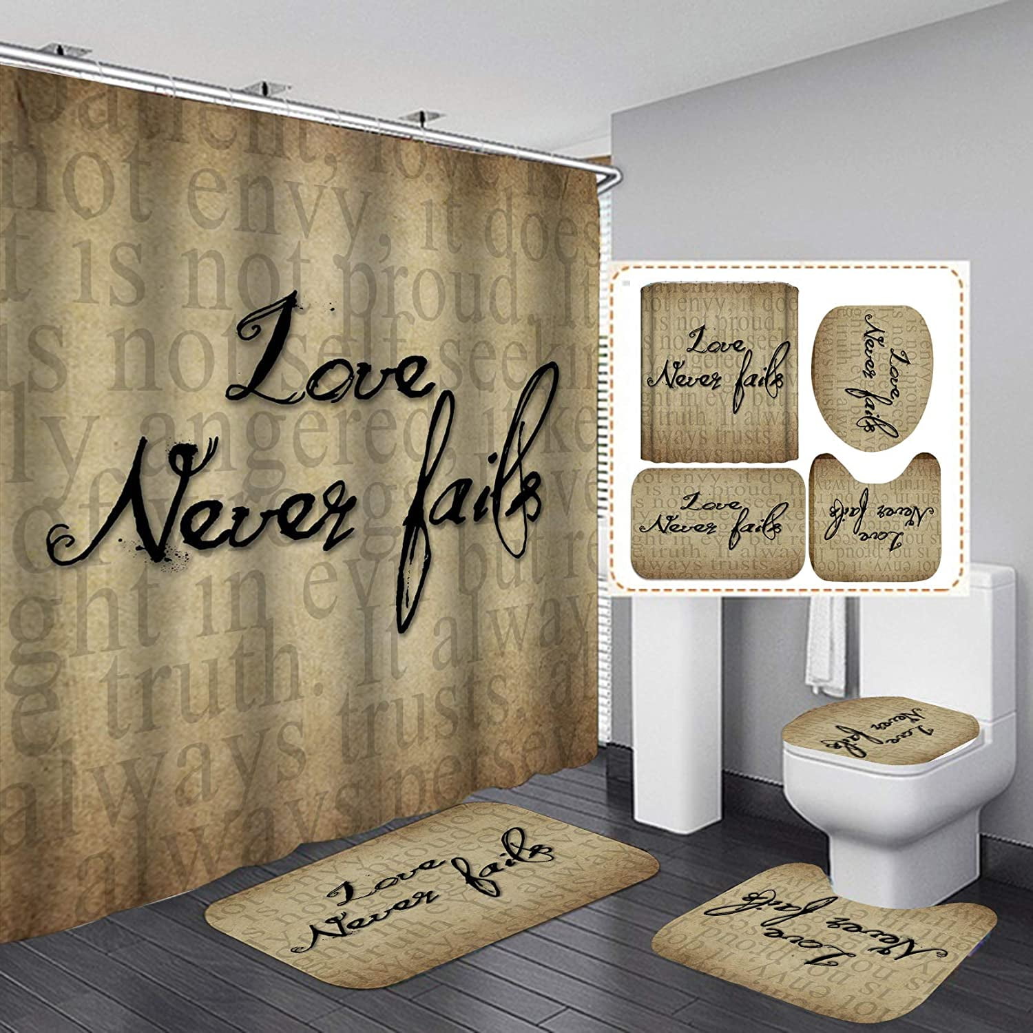 Love Words Shower Curtain Sets with NonSlip Rug, Toilet Lid Cover and