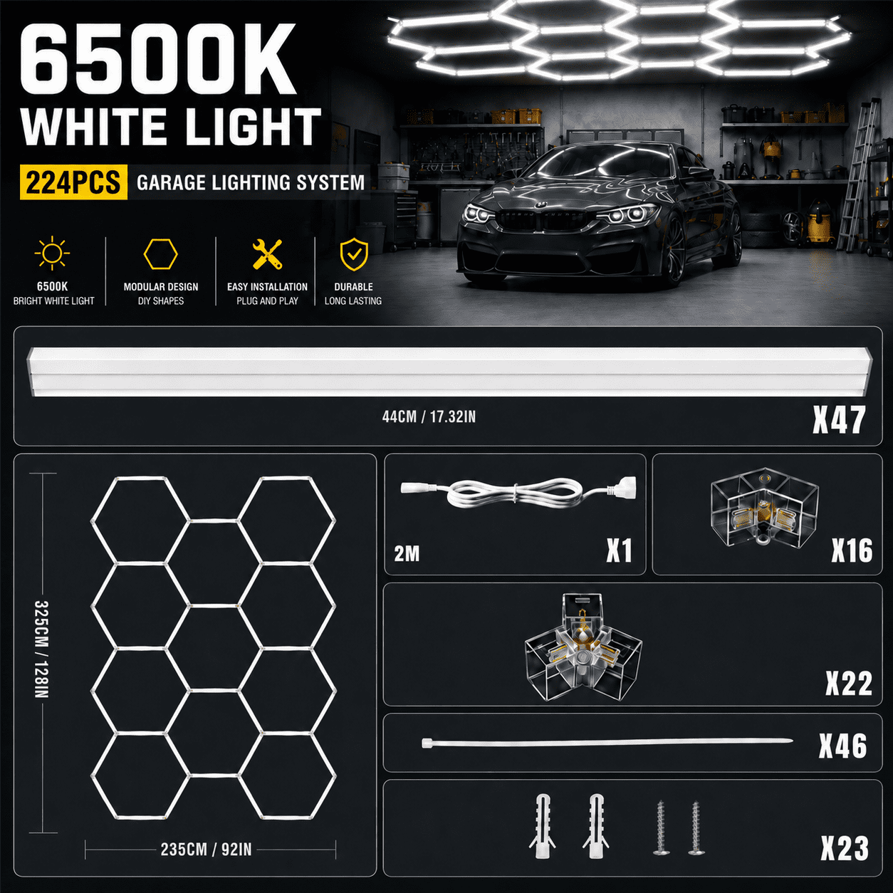 11Hexagon-47Pack LED Garage Lights, Large Panel 6500K Ultra Bright Ceiling Light for Garage, Workshop & Industrial Lighting, Car Detailing Shop,Bright Ceiling Lights, Basement, Gym,Durable