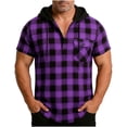 thumbnail image 7 of Ceisia Men Casual Fashion Plaid Patchwork Hooded Half Button Closure Pocket Short Sleeves Pullover Shirt Comfortable Daily Outdoor Spring Summer Top Purple XXL Gifts, 7 of 7