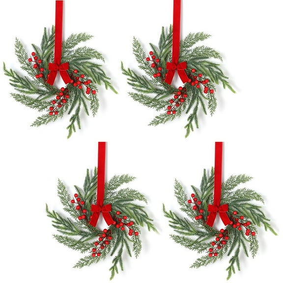 Set Of 4 Mini Christmas Wreaths With Red Berries & Buffalo Plaid Bow