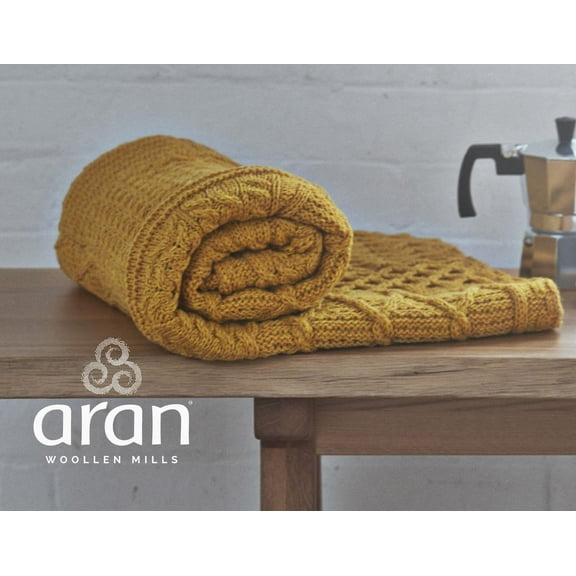 Aran Patchwork Throw 100% Premium Merino Wool Blanket 60" x 42" Made in Ireland by Aran Woollen Mills, Yellow