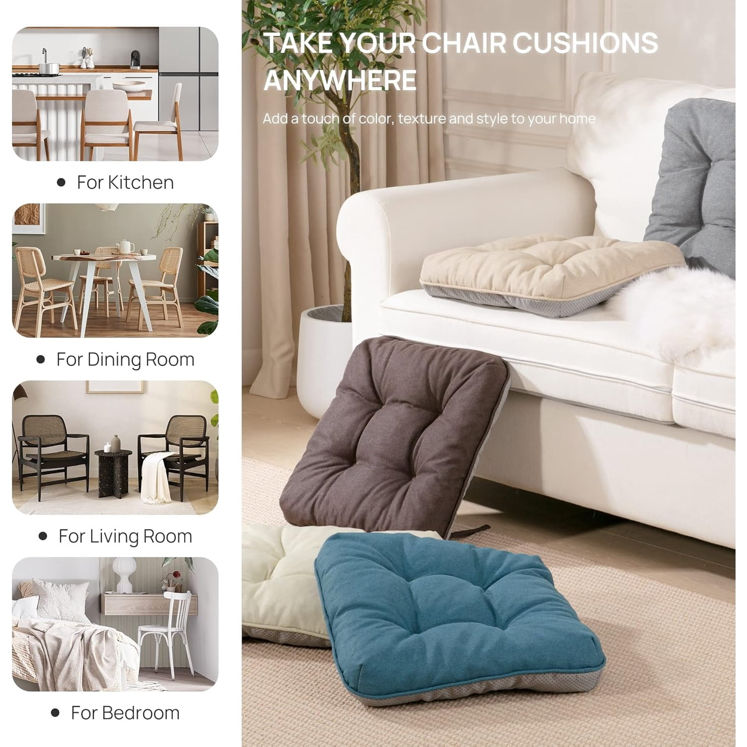 Memory Foam Chair Cushions Set of 4, Outdoor/Indoor Chair Pads for Dining Chairs 4 Pack, Seat Cushions for Kitchen, Dining Room, Office, Patio Chairs, 15.5"x15.5"x3.5"