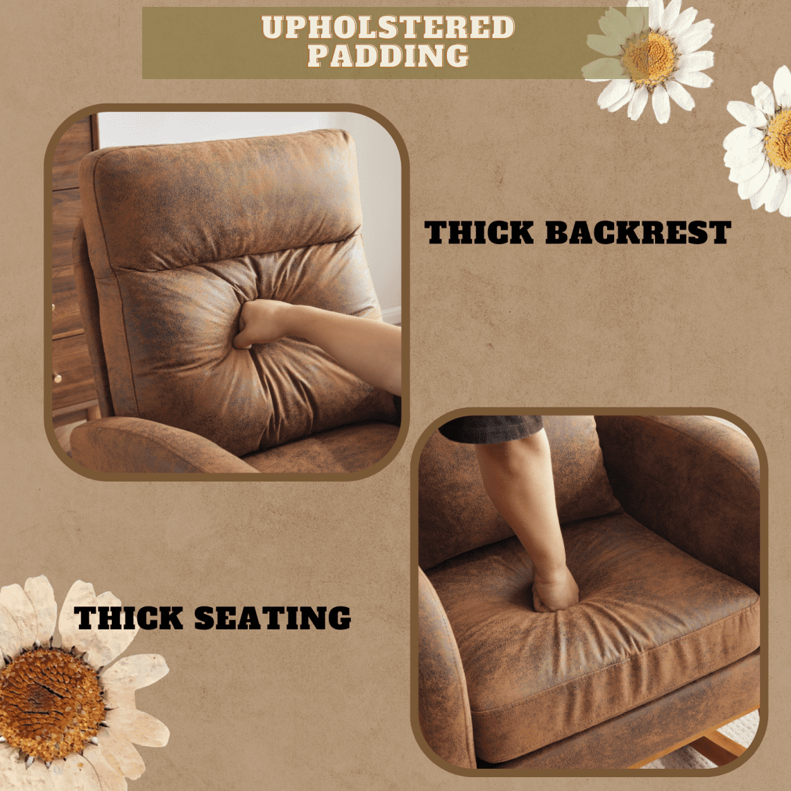 Rocking Chair Nursery with Thick Headrest, Upholstered Modern Nursing Rocker Glider with Curved Armrest, Sturdy Solid Wood Base for Living Room, Bedroom, Baby Room, Burnt Orange
