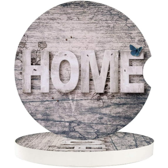 FMSHPON Home Letter Vintage Wooden Grain Set of 6 Car Coaster for Drinks, Absorbent Ceramic Stone Coasters Cup Mat with Cork Base for Home Kitchen Room Coffee Table Bar Decor