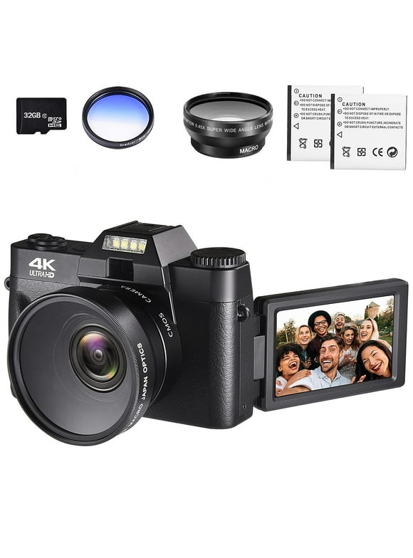 Digital Camera, 48MP Flip Screen Camcorder for Photography on YouTube, video camera with Wide-Angle Lens and Macro Lens, 32G Micro Card, 2 Batteries,1 Filters(Black)
