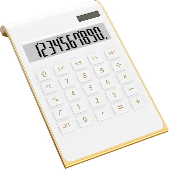 Calculators, Desktop Calculator with Large LCD Display, 10 Digits Solar Power Basic Office Calculator, Gold Office Desk Supplies and Accessories