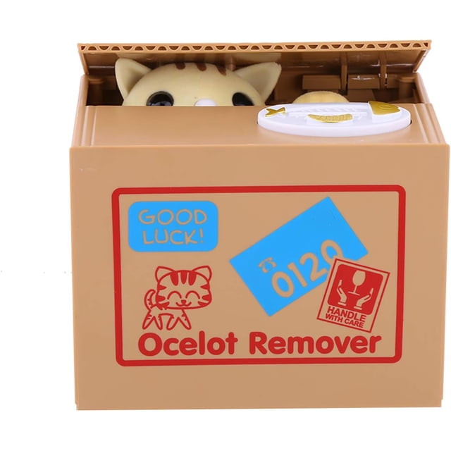 alcancía para robar gatos, alcancía para niños, alcancía para ahorrar dinero, robo automático de dinero, regalos creativos para niños caja alcancía electrónica CM-TOP color amarillo con figura de gato panda asomando desde la abertura, frente con pegatina decorativa, tapa superior con ranura y mando giratorio blanco que acepta monedas automáticamente, medidas 12×10×9 cm, diseño compacto para estanterías y escritorios; también suele usarse como juguete decorativo o incentivo de ahorro para niños desde 3 años.