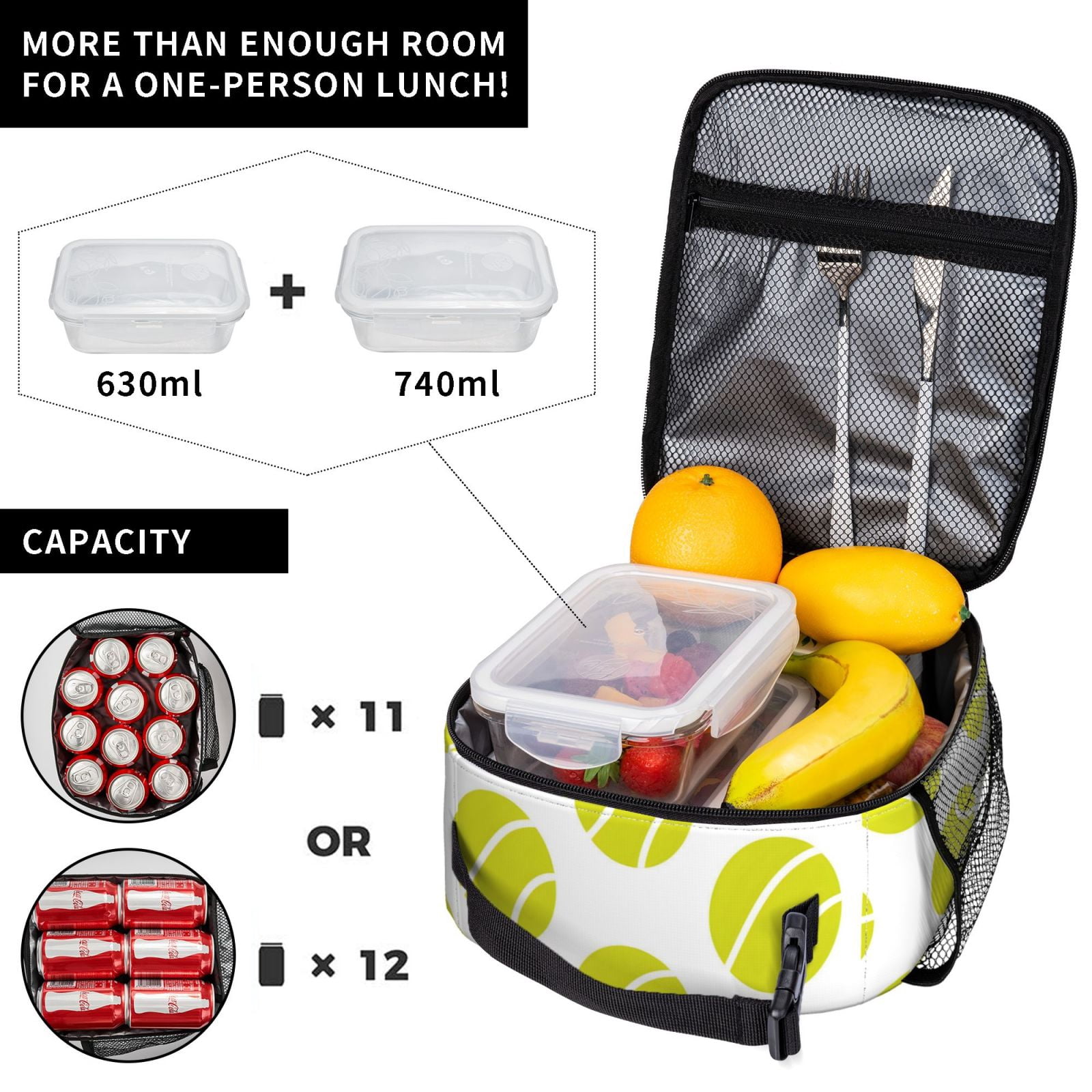 Lunch Bag For Women Men Insulated Portable Lunch Box Bento Box Office Picnic Travel Cooler Bag Seamless Pattern Tennis Theme