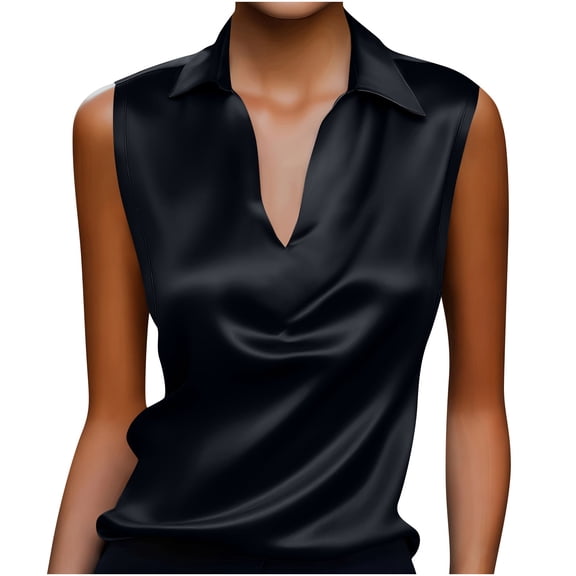 Womens Silk Satin Tank Top Collared V Neck Ruched Dressy Blouses Sleeveless Summer Business Work Shirts Solid Color Tanks
