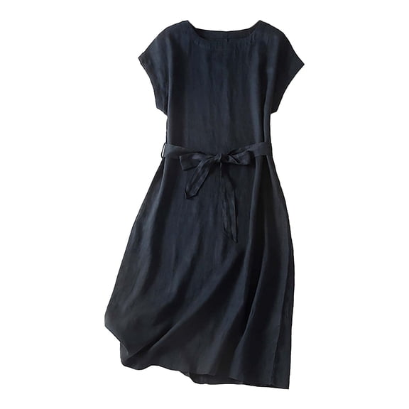 Summer New Vintage And Linen Lace Up Medium Long Short Sleeve Dress Woman