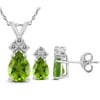 Genuine 2.45 Ctw Natural 7x5mm Pear Shaped Peridot With White Topaz Necklace & Earrings Set In 925 Sterling Silver.