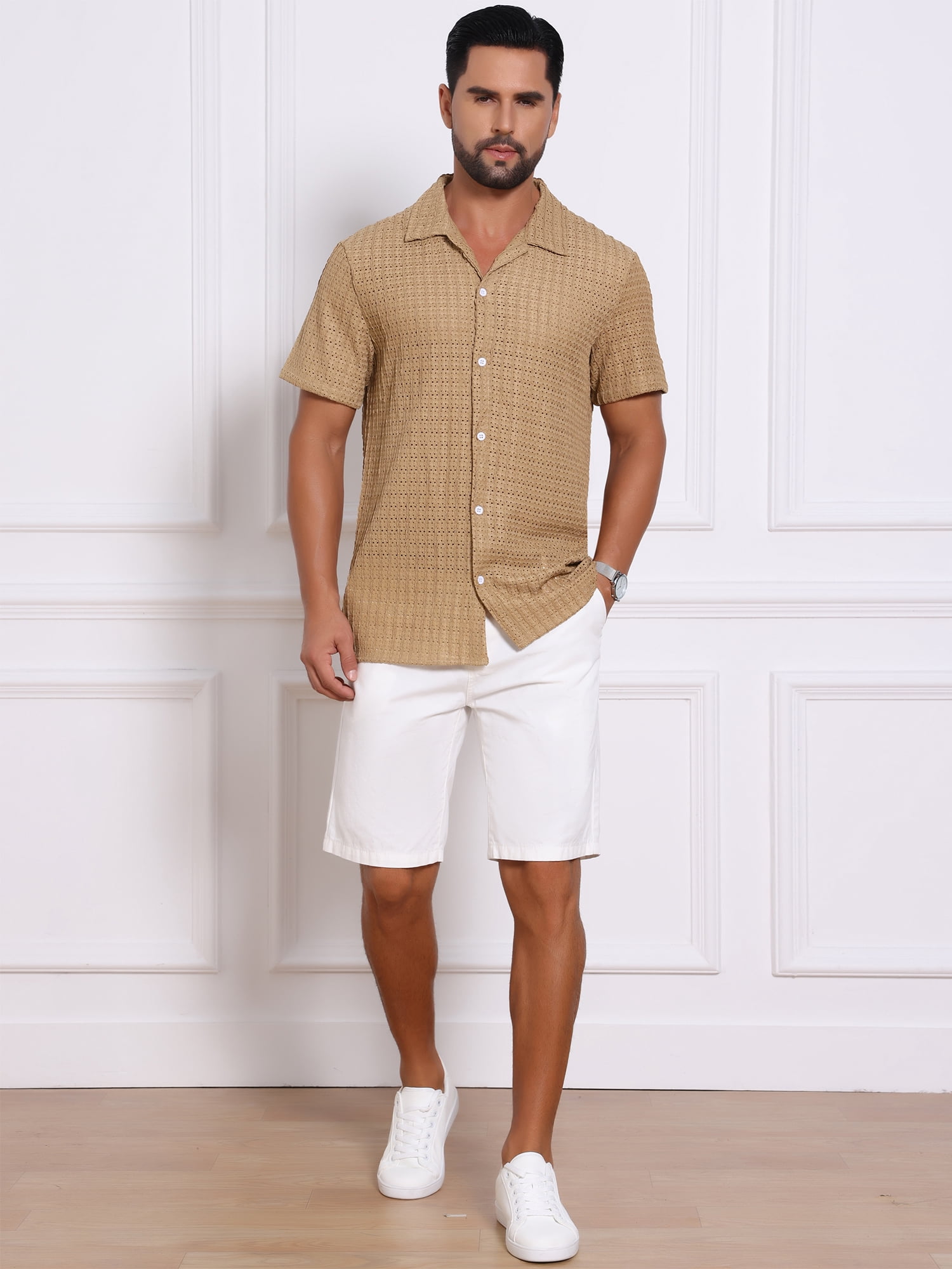 DARING DIVA Men's Casual Knitted Hollow Out Short Sleeve Shirt L Khaki