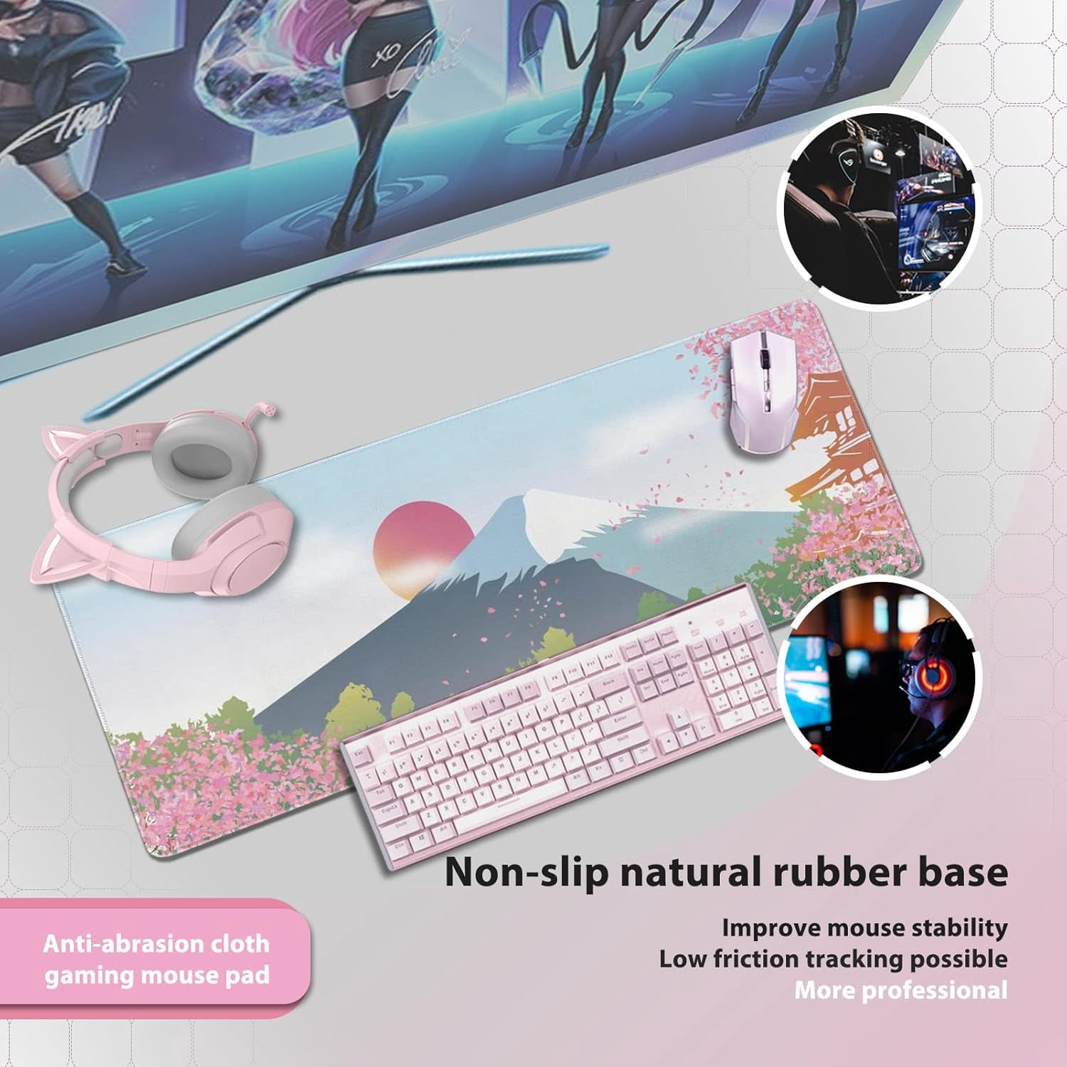 Large Gaming Mouse Pad, Anti-Slip Extended Mouse Pad,Waterproof Keyboard Pad, Mouse Mat Desk Pad for Gamer Office Home XL 31.5" x 11.8" Japanese Cherry Blossom