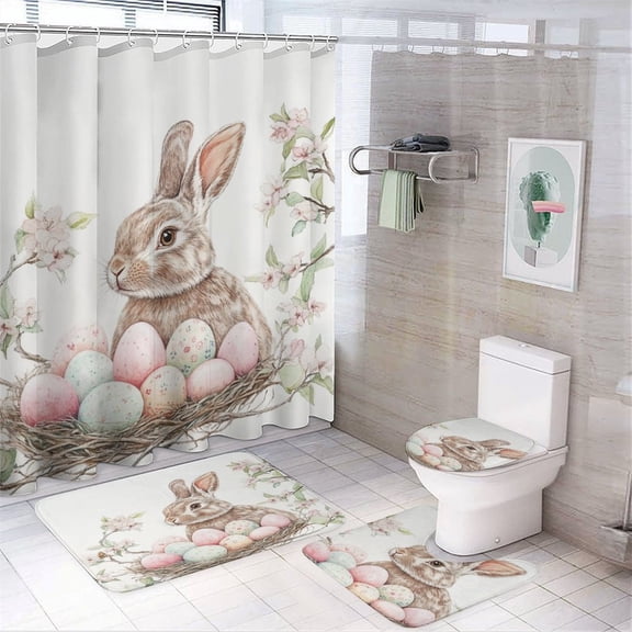 4 Piece Shower Curtain Sets Shower Curtain Set with Non-Slip Rugs Toilet Lid Cover And Bath Mat Watercolor Easter Bunny Eggs Waterproof Fabric Bath Curtains Happy Easter for Bathroom Decor Sets
