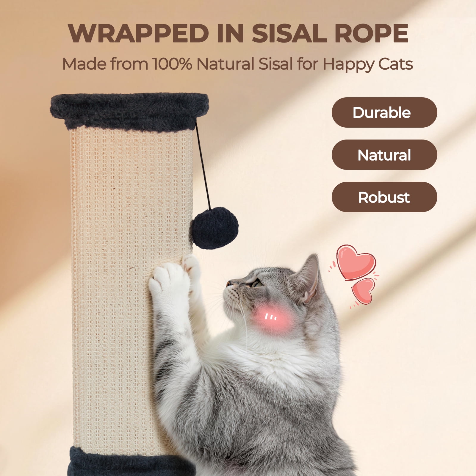32" Tall Natural Sisal Cat Scratching Post for Indoor Sturdy Cat Scratcher with Plush Large Base, Green