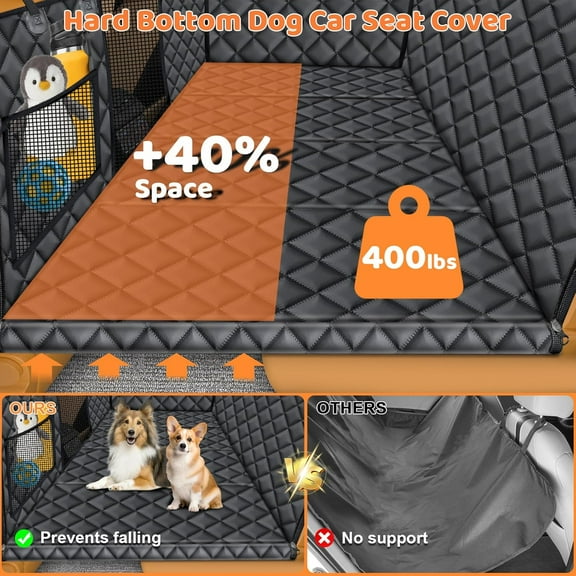 Hard Bottom Dog Car Seat Cover for Back Seat, Dog Hammock for Car and SUV, Pet Rear Seat Protector with Mesh Window & Side Flaps