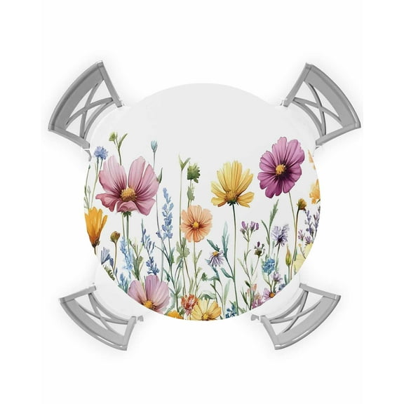 nqOlkjepod Colorful Floral Round Tablecloth, Fitted Table Cover with Elastic for 55"-60" Round Tables, Country Spring Botanical Flowers Herbs Table Cloth Outdoor Dinning Party Waterproof Tablecloths