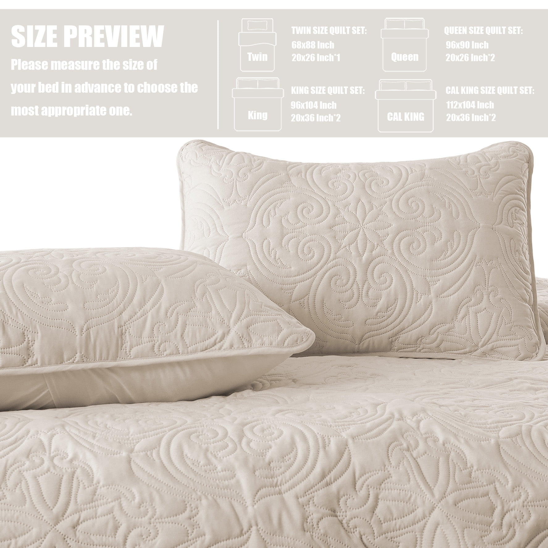 Exclusivo Mezcla Queen Quilt Bedding Set, Lightweight Vintage Queen Size Quilts with Pillow Shams, Soft Bedspreads Coverlets for All Seasons (96"x90", Brich Beige)