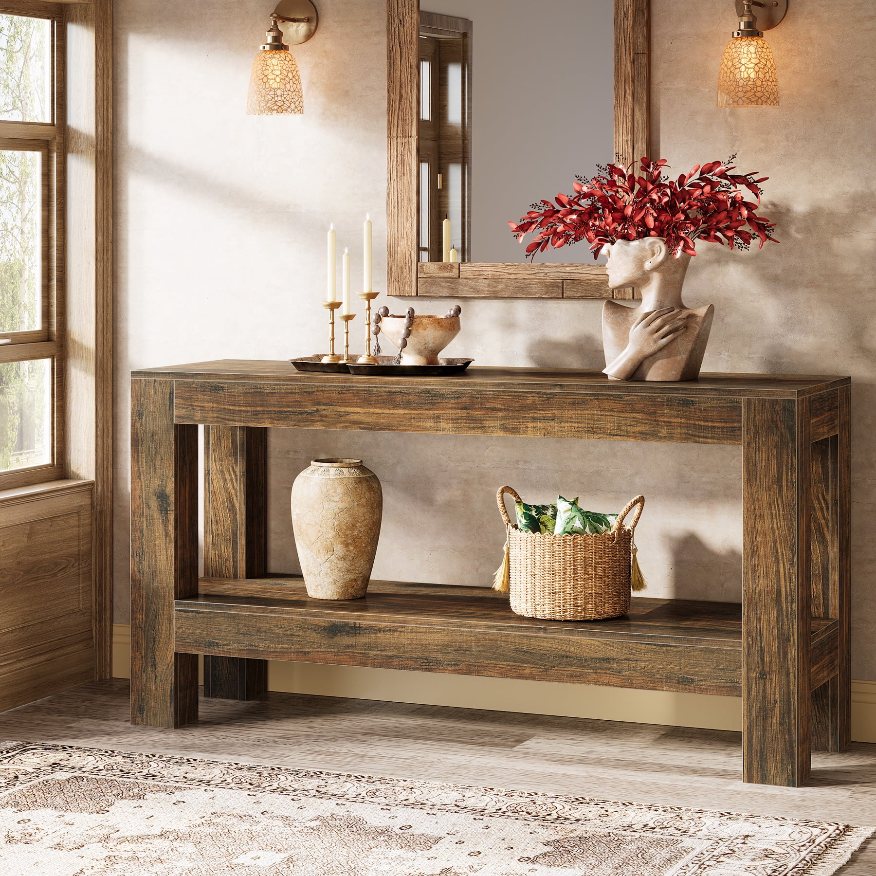Finmind 62.99'' Wood Console Table: 2-Tier Entryway Sofa Table, Stylish Farmhouse Design with Plenty of Storage Space