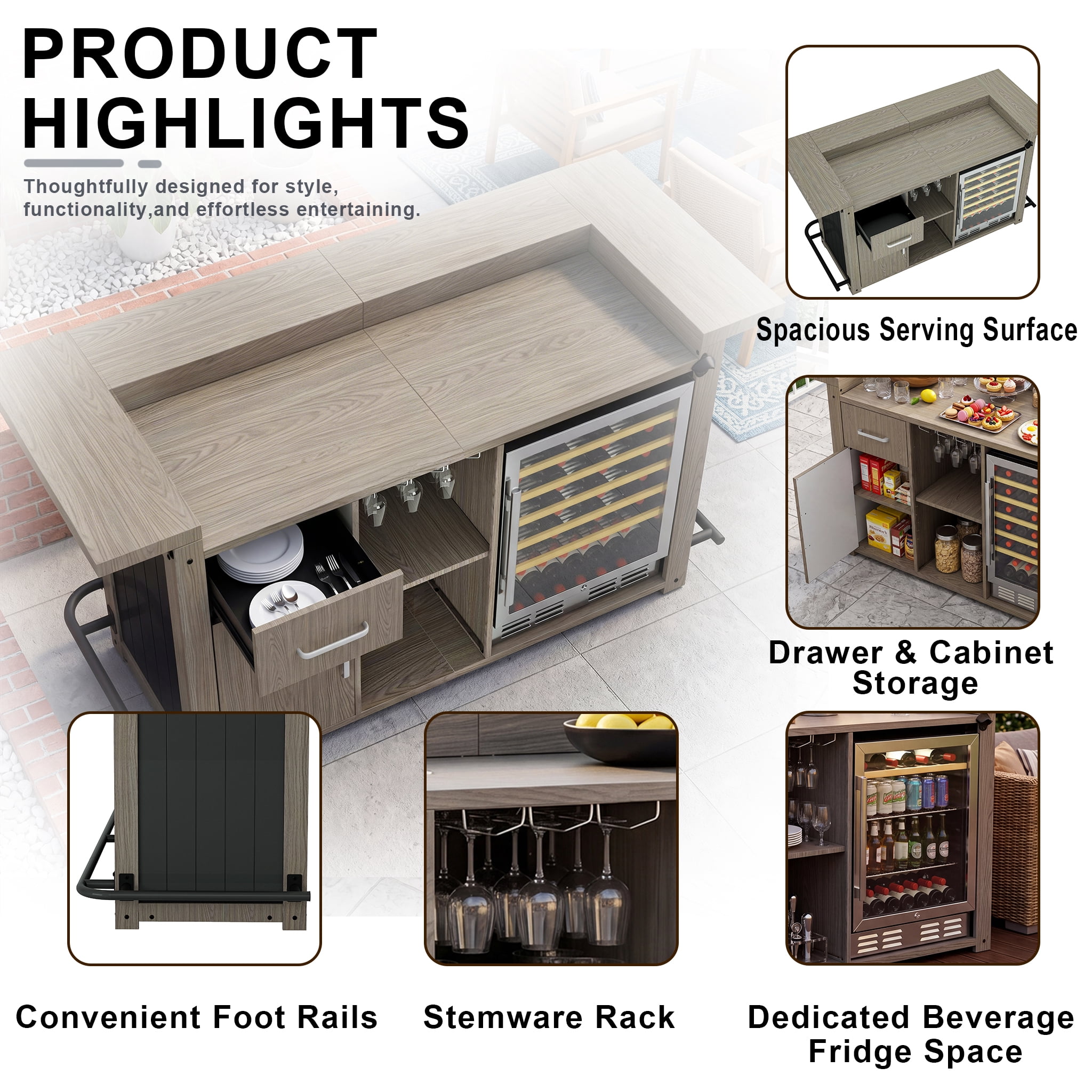 Outdoor Bar Cabinet with Fridge Space, Patio Backyard Bar with Storage