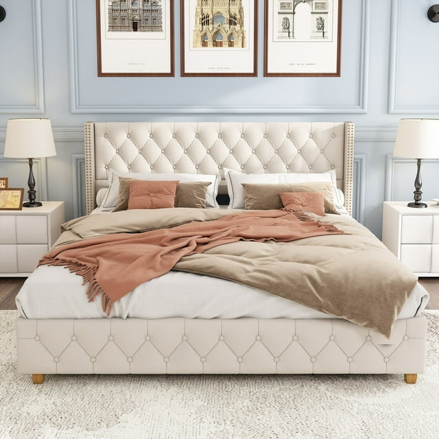 Linen Upholstered Platform Bed -Mattress Not Included