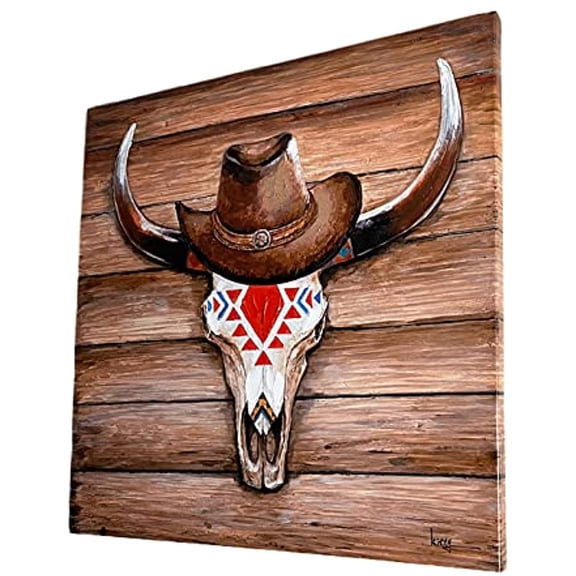 Urbalabs Texas Longhorn Cowboy Hat Cow Skull Canvas Art 32 x 32 Print Abstract Animal Art Textured Paint Print Canvas Paintings Wall Art Horse Pop Art Prints Posters Modern Wall Decor