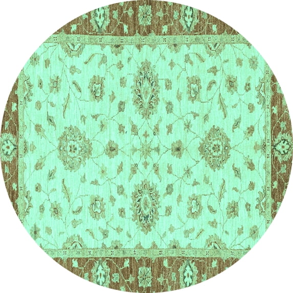 Ahgly Company Machine Washable Indoor Round Oriental Turquoise Blue Traditional Area Rugs, 8' Round