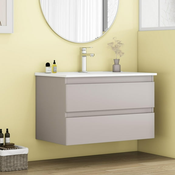 32 Inch Wall Mounted Bathroom Vanity with Sink, Floating Bathroom Vanity with 2 Large Drawers and Soft-Close System, Modern  Wood Frame Storage Cabinet for Home, Gray