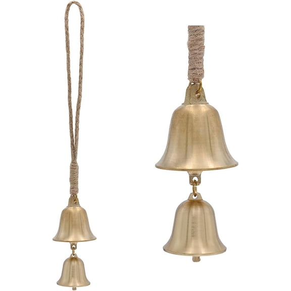 YUSAZENS 3 Pack Matte Gold Metal Christmas Bells with Jute Hanging Rope, Rustic Bell Ornaments for Xmas Tree Front Door Wall Mantel Holiday Home Decor