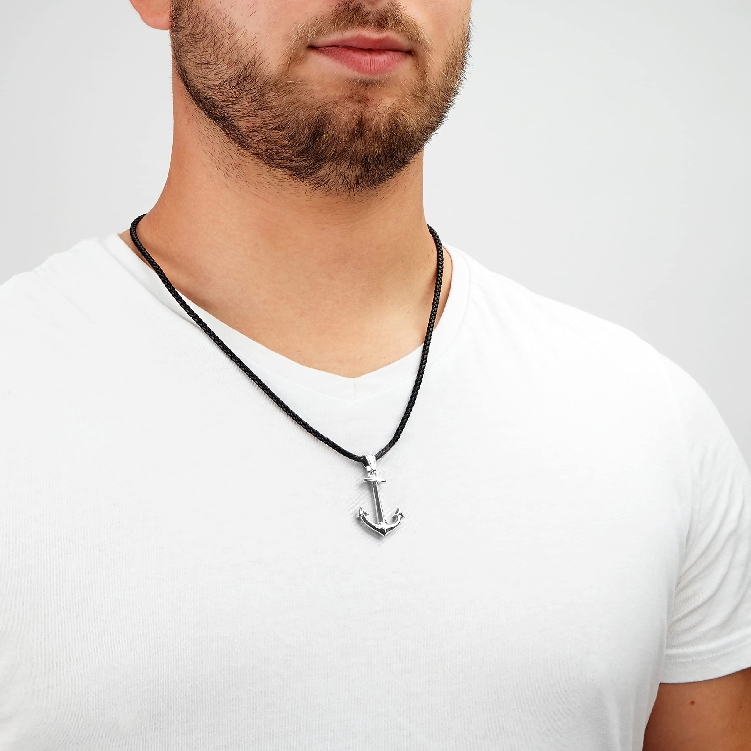 SERASAR Leather Necklace for Men "Anchor" with Stainless steel Pendant and Magnetic Closure, Silver 60cm, incliding Gift box