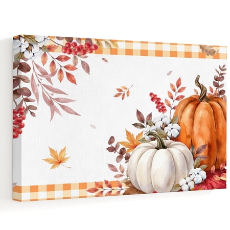 Thanksgiving Pumpkins Canvas Wall Art Fall Harvest Leaf Berry Cotton Orange Plaid Wall Art Prints Artwork Framed Canvas Ready to Hang Art Pictures for Hallway Living Dining Room Bedroom 24 x 16