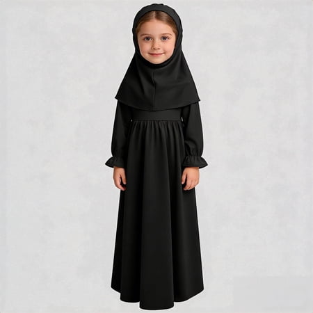 REDARER Girls Elegant Abaya Hijab Set Long Sleeve Ruffle Prayer Dress with Matching Scarf Modest Wear for Occasions 6-18 Months