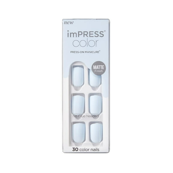 KISS imPRESS Color Press-On Manicure Fake Nails, Blue Sky - Short Length, Matte, Polish-Free Solid Color Mani, Includes Prep Pad, Mini File, Manicure Stick, and 30 Fake Nails