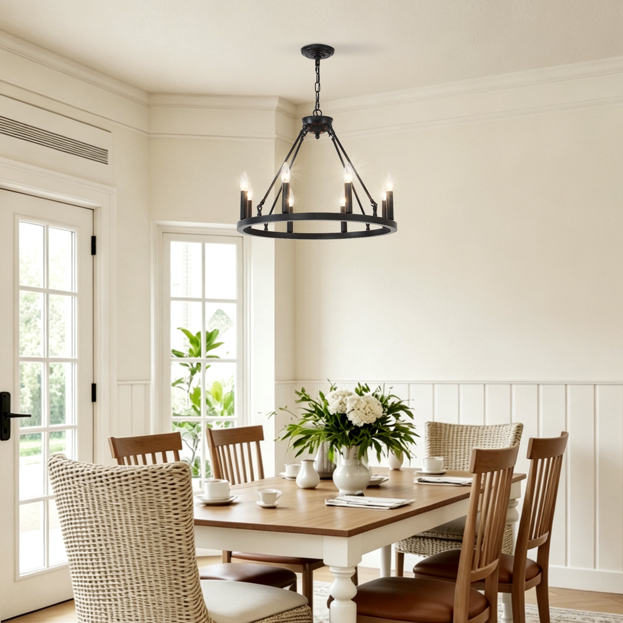 8-Light Black Farmhouse Industrial Wagon Wheel Chandelier, Rustic Metal Ceiling Light Fixture