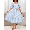 thumbnail image 5 of Blue Eyelet Embroidery Square Neck Short Sleeve A-Line Midi Dress With Scallop Hem, 5 of 7