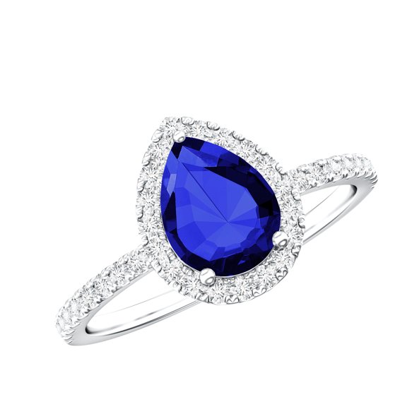 Rosec Jewels Lab Grown Blue Sapphire Teardrop Engagement Ring with Halo (6X8 mm) Blue Sapphire Diamond Ring - AAAA Grade, 925 Sterling Silver, US 4.00