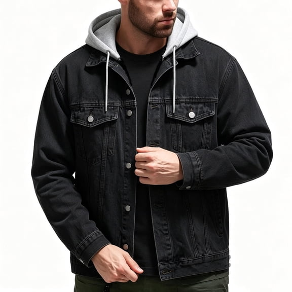 Jerdar Men's Faux Two Piece Hooded Denim Trucker Jacket Lapel Collar Button Flap Pockets Washed Long Sleeve Loose Fit Vintage Casual Fall Winter Streetwear Jean Outerwear Coat Top