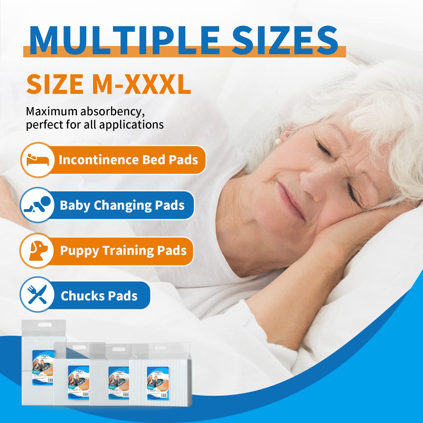 DAFI Disposable Incontinence Bed Pads 18”x 24”(400 Count) Thick Underpads, Effective Odor Control Pee Pads, Chucks Pads, Pack of 4