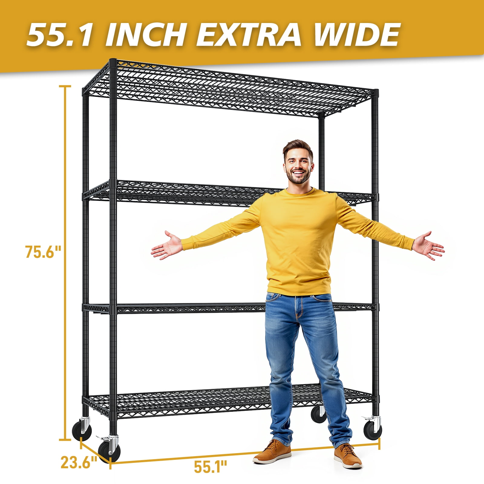 Heavy Duty Steel Wire Shelving Unit with Wheels, 55.91 in W x 24.41 in D x 6.89 in H, 60.63 lb